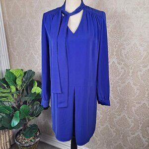 Halogen Size Small Purple/Blue Shift Dress Tie Neck Long Sleeve Side Zip EUC